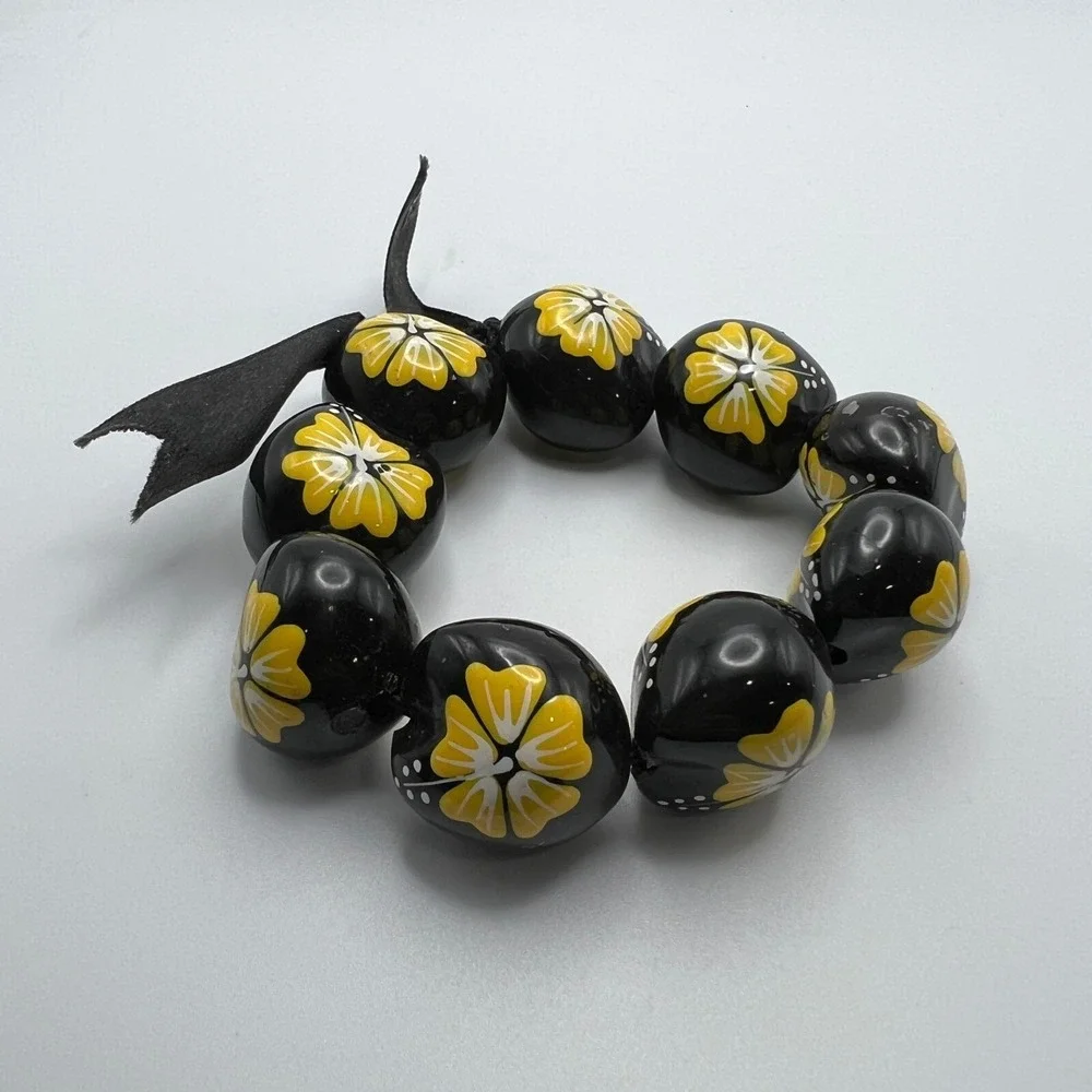 Hawaiian Necklace Bracelet Black Yellow Hibiscus‎ Flower Handmade Stretch